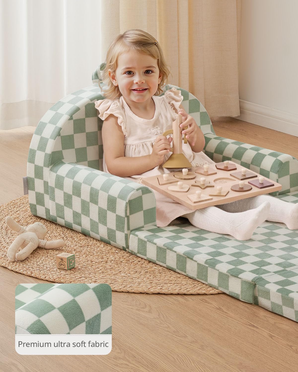 Blissful Diary Kids Couch, 2-in-1 Comfy Kids Chair for Reading, Playroom, Kids Couch Sofa for Girls Boys Birthday Gift, Sage Checkered