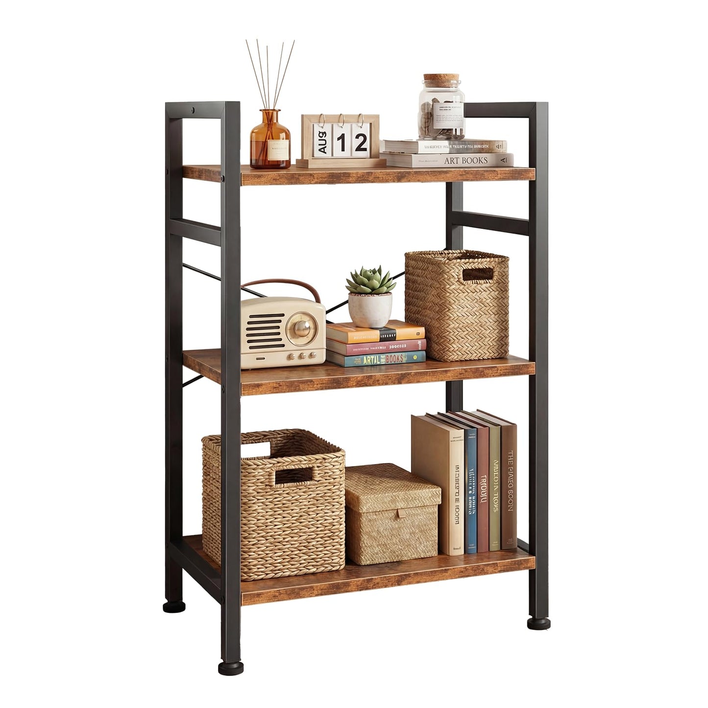 DUMOS 3 Tiers Open Bookshelf, Classic Freestanding Tall Display Shelf, Multifunctional Storage Organizer Rack for Living Room Home Office, Sturdy Bookcase for CDs/Books/Movies, Brown