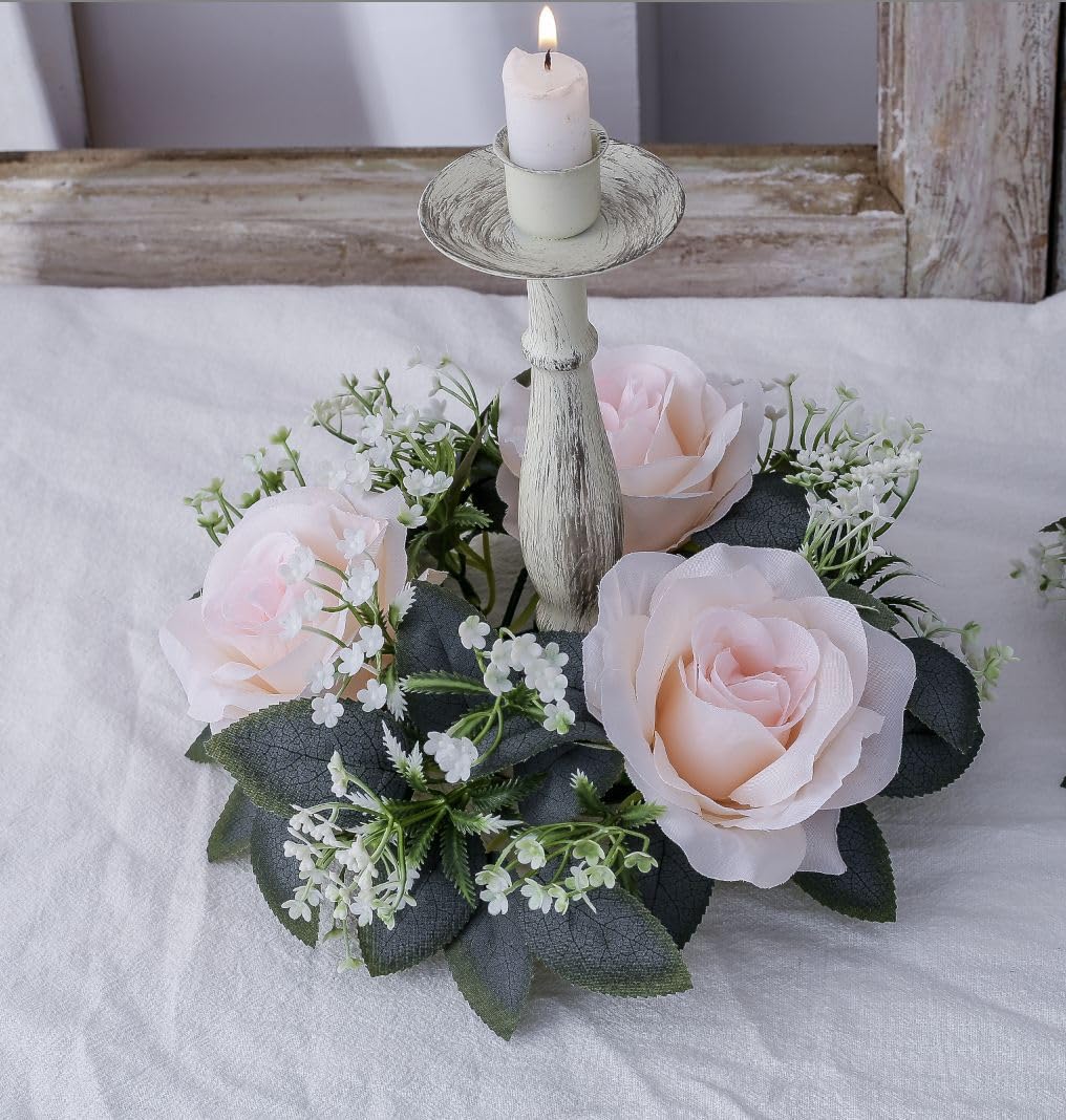 2 Pack Artificial Rose Candle Rings, Christmas Floral Wreaths with Eucalyptus Leaves Greenery Garland for Pillar Candle Lantern Wedding Centerpiece Party Home Fall Table Decor (Pink)
