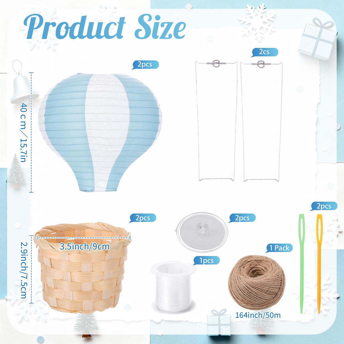 Meooeck 2 Pcs Hanging Hot Air Balloon Nursery Decor 15.7 Inch Paper Hot Air Balloon Centerpieces Reusable Paper Lanterns Set for DIY Craft Wedding Birthday Christmas Living Room Home, Blue White