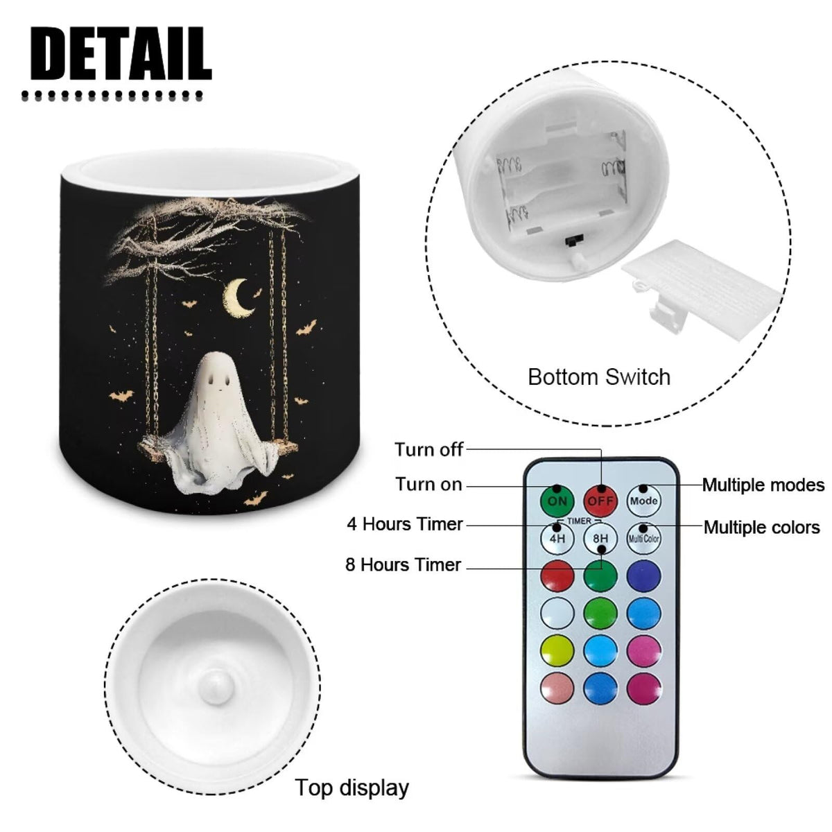 Merkmak 4Pcs Flameless Candles with Remote Halloween Moon Ghost Battery Operated Candles with Timer Pillar Tea Lights Bulk for Indoor Outdoor Banquet Party Home Decoration