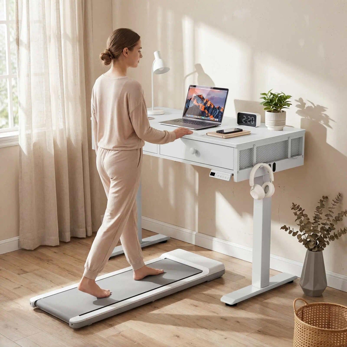 White Electric Standing Desk with Drawers, 32 Inch Small Adjustable Desk with Storage, Stand Up Computer Study Writing Desks for Small Space Home Office Bedroom, Sit Stand Work Desks for Walking Pad