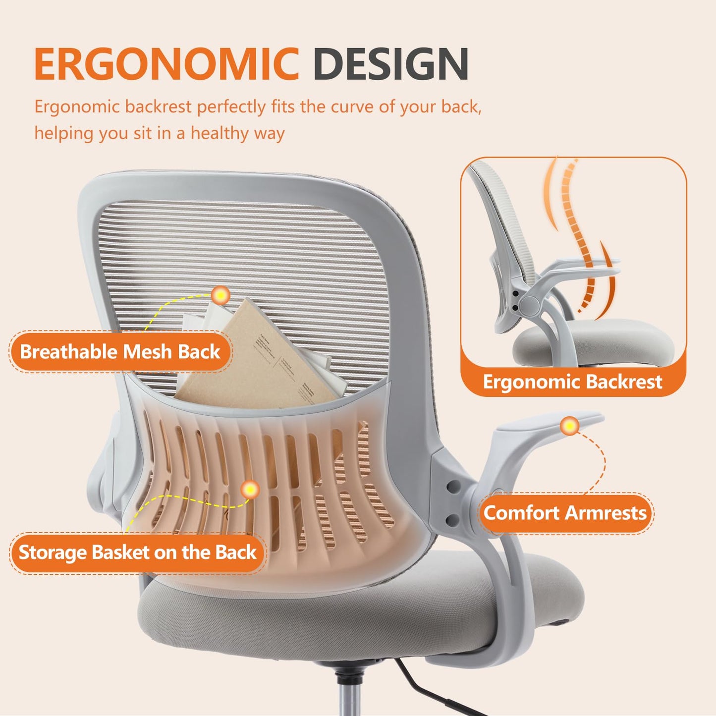 Sweetcrispy Tall Drafting Office Desk Chair - Ergonomic High Stool Computer Chair with Adjustable Height and Comfy Lumbar Support, Rolling Counter Height Chair with Flip-up Arm and Footrest, Grey