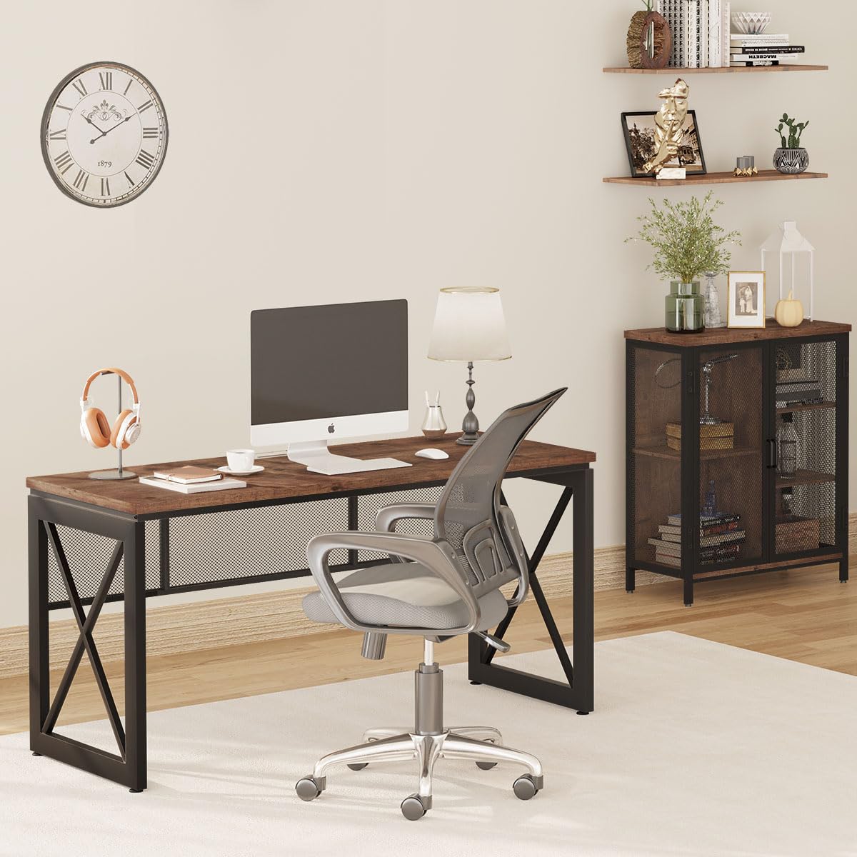 BON AUGURE 60 Inch Computer Desk for Home Office, Industrial Metal Wood Desks, Farmhouse Large Writing Table, Modern Sturdy Gaming Desk (Rustic Oak)