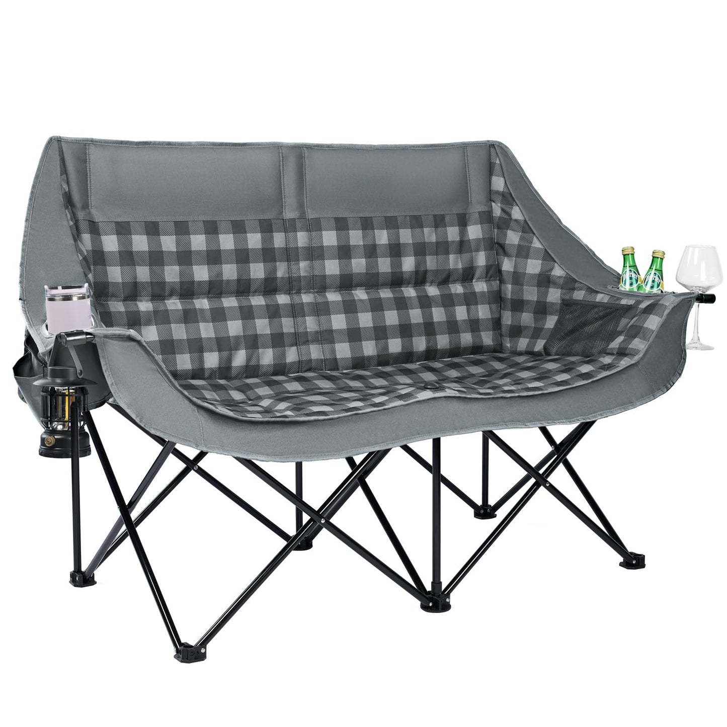RVIEIS Double Camping Chair 2 Person Loveseat Oversized Padded Camping Couch Heavy Duty Portable Folding XL Camp Chair with Cup Holder Side Pocket for Outdoor Lawn Beach Sport Support 800LBS, Plaid