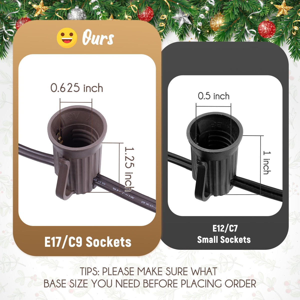 C9 Light Strand, 100 FT Outdoor String Lights Christmas Stringer with 100 Sockets for Christmas Decor Patio, E17 Light Socket, 12 Spacing, Brown Wire