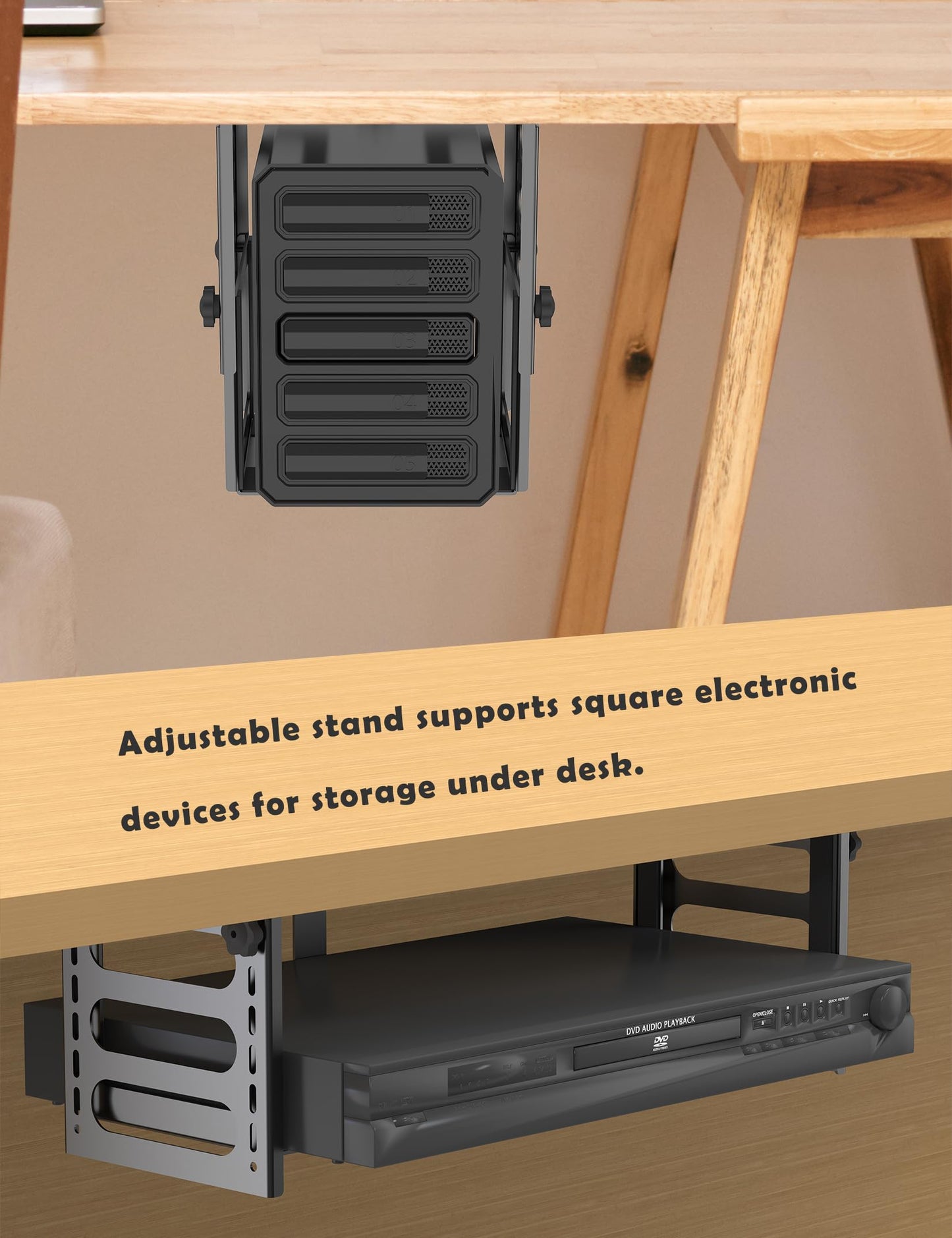 TYAMTOGSM Under Desk Mount for Mini PC/CPU/Xbox/ PS5/ ps4/ ps3 Adjustable Metal Holder Compatible with Cable Box/Network Attached Storage and Other Any Device Upto 9.7" Thick. (Black)