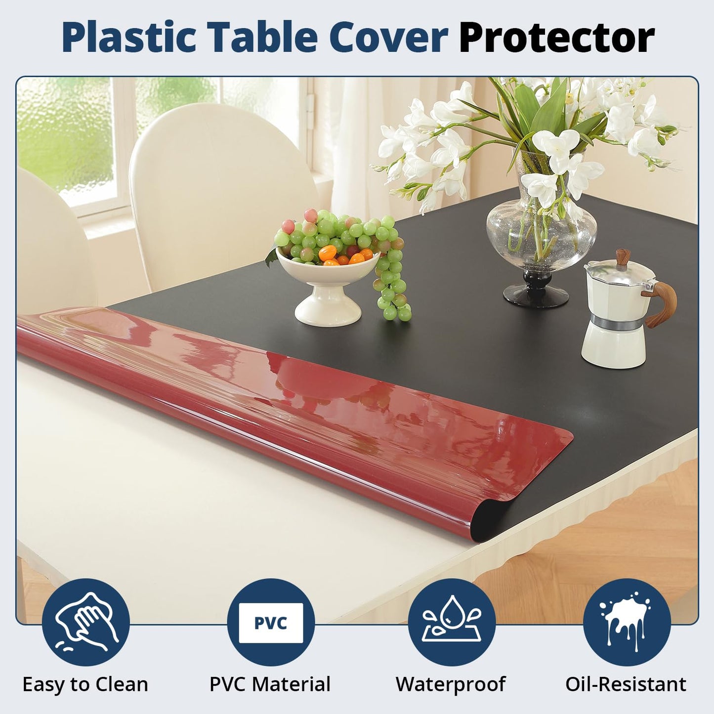OstepDecor Black Table Cover Protector 36 x 60 Inch, 1.5mm Thick Plastic Table Cover, Dining Table Protector Pad, Waterproof & Easy Cleaning PVC Desk Mat for Dresser, Coffee & Kitchen Wooden Tabletop