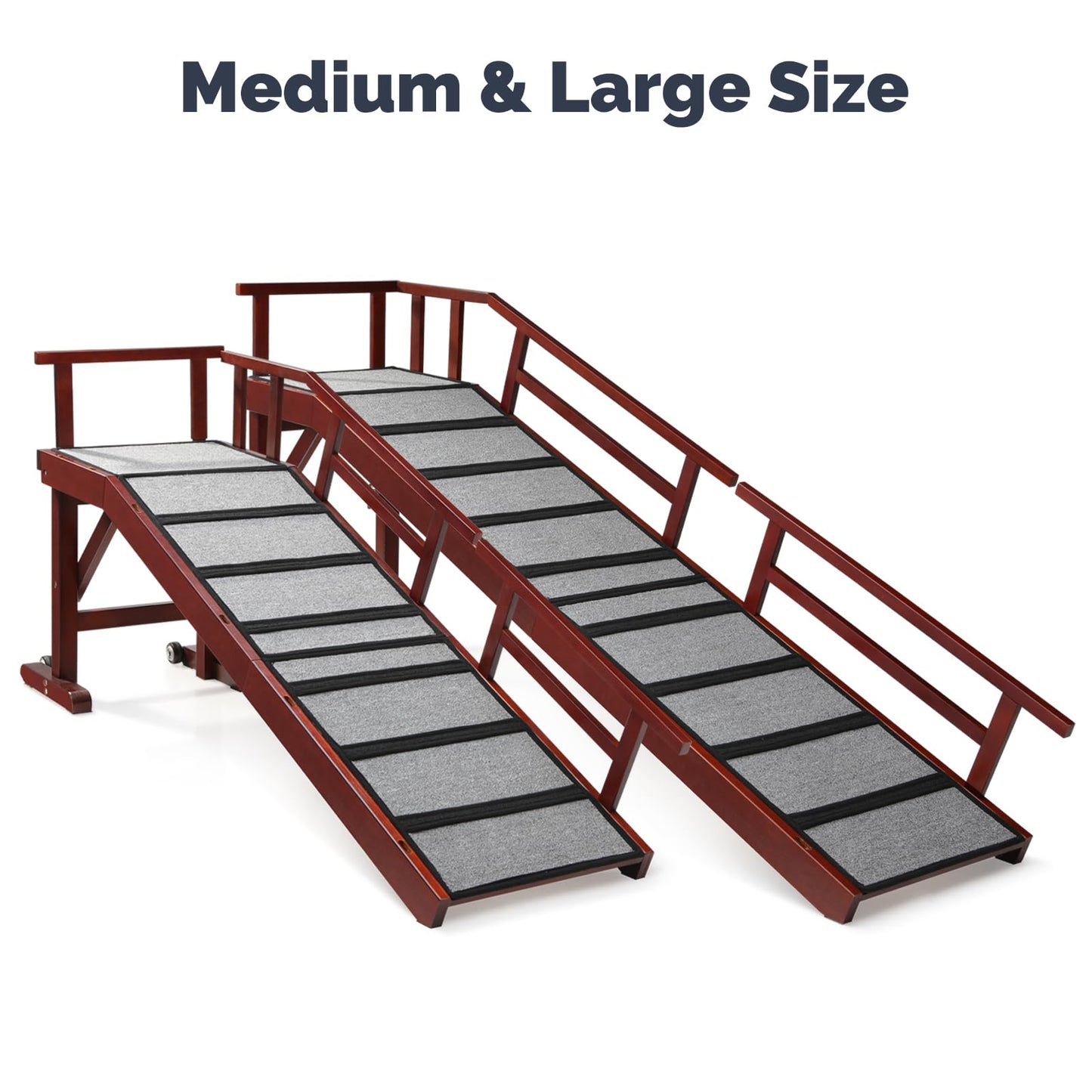KUVETO Dog Ramp for Bed or Couch, Wooden Pet Ramp with 20° Gentle Slope, Removable Side Rails, Non-Slip Surface, Top Platform & Wheels, Safe Bed Ramp for Small, Large & Senior Dogs, 74" Long, Mahogany