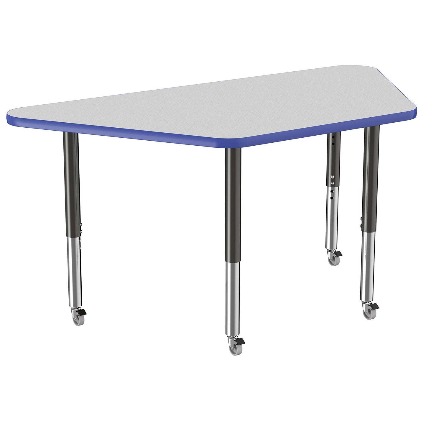 FDP Mobile Trapezoid Activity School and Office Table (30 x 60 inch), Super Legs with Glides and Casters for Collaborative Environments, Adjustable Height 19-30 inches - Gray Top and Blue Edge