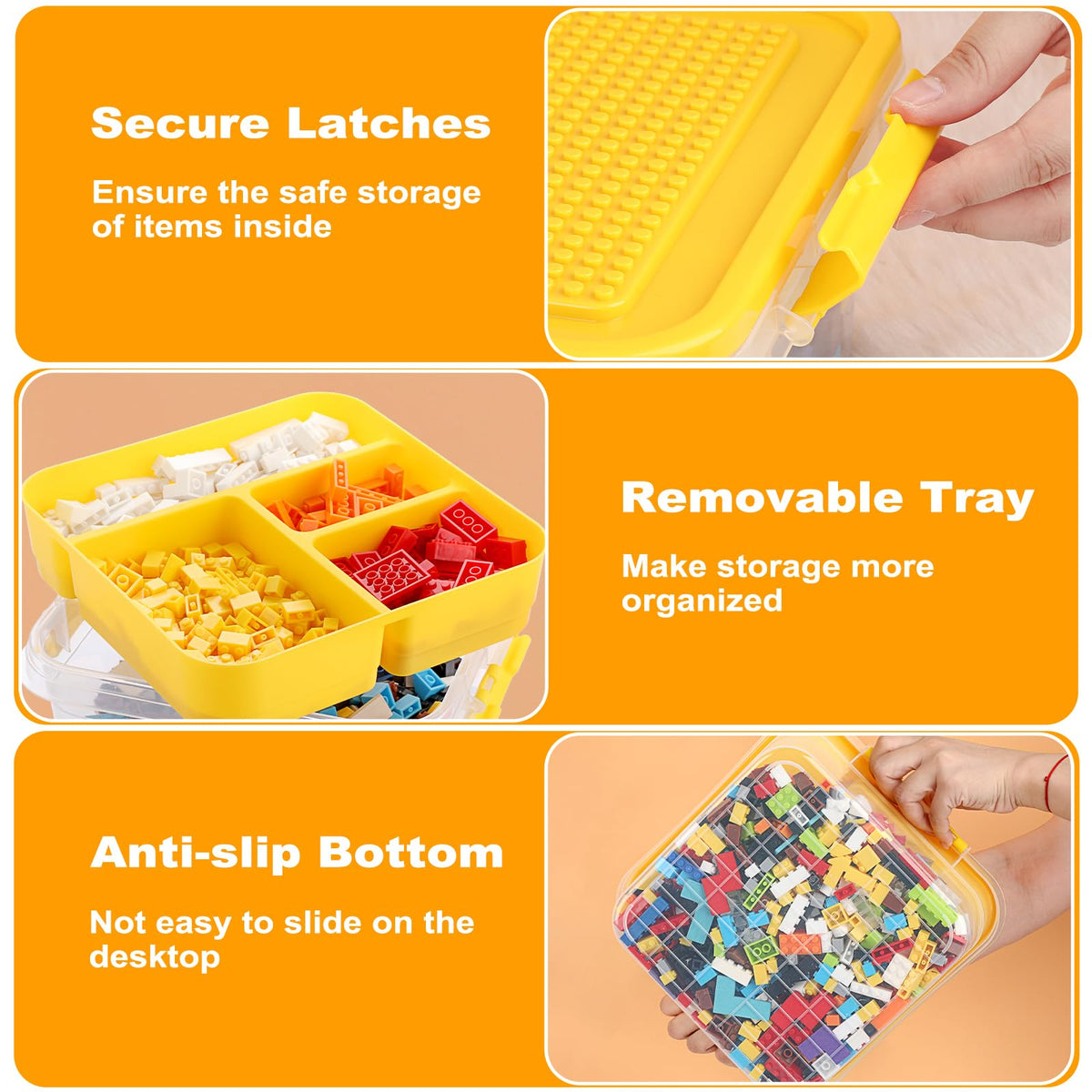OGANAZI Plastic Storage Container with Bricks Baseplate Lid for Building Blocks, Bricks Building Set Organization Bin with Compartments Tray, Stackable Storage Box Building Block Chest Case (Yellow)