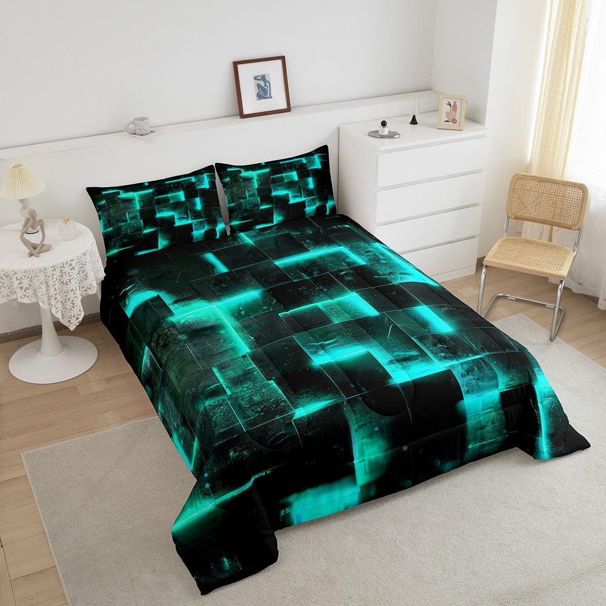 Erosebridal Black and Teal Comforter Set Twin Modern Abstract Twin Bedding, 3D Glowing Plaid Bedding Comforter Sets Gradient Grid Duvet, Neon Square Quilted Comforter 2pcs (Black Reversible)