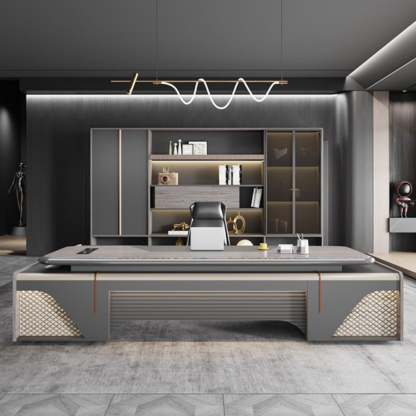 LSIGHTUS Grey Modern Business Executive Office Desk Computer Desk with Lateral Cabinet Writing Study Table Business Furniture Set for CEO Boss