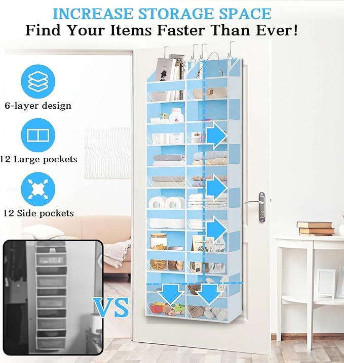 Over The Door Organizer 6 Tiers, Extra Large Behind Door Storage of 12