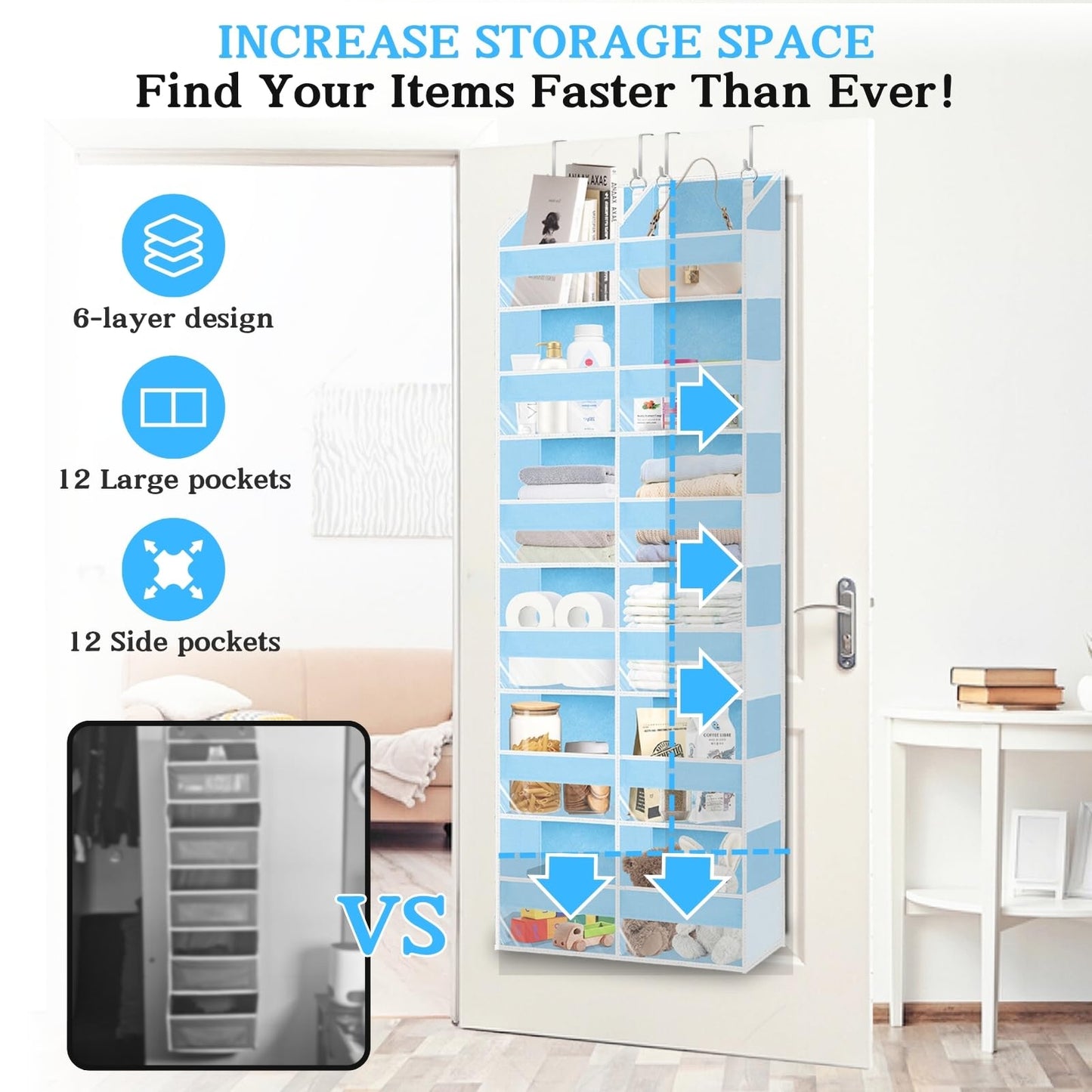 Over The Door Organizer 6 Tiers, Extra Large Behind Door Storage of 12 Compartments, 80 lbs Weight Capacity Hanging Storage Organizer with Clear Window Kids Toys,Shoes,Diapers,Room Storage,Blue