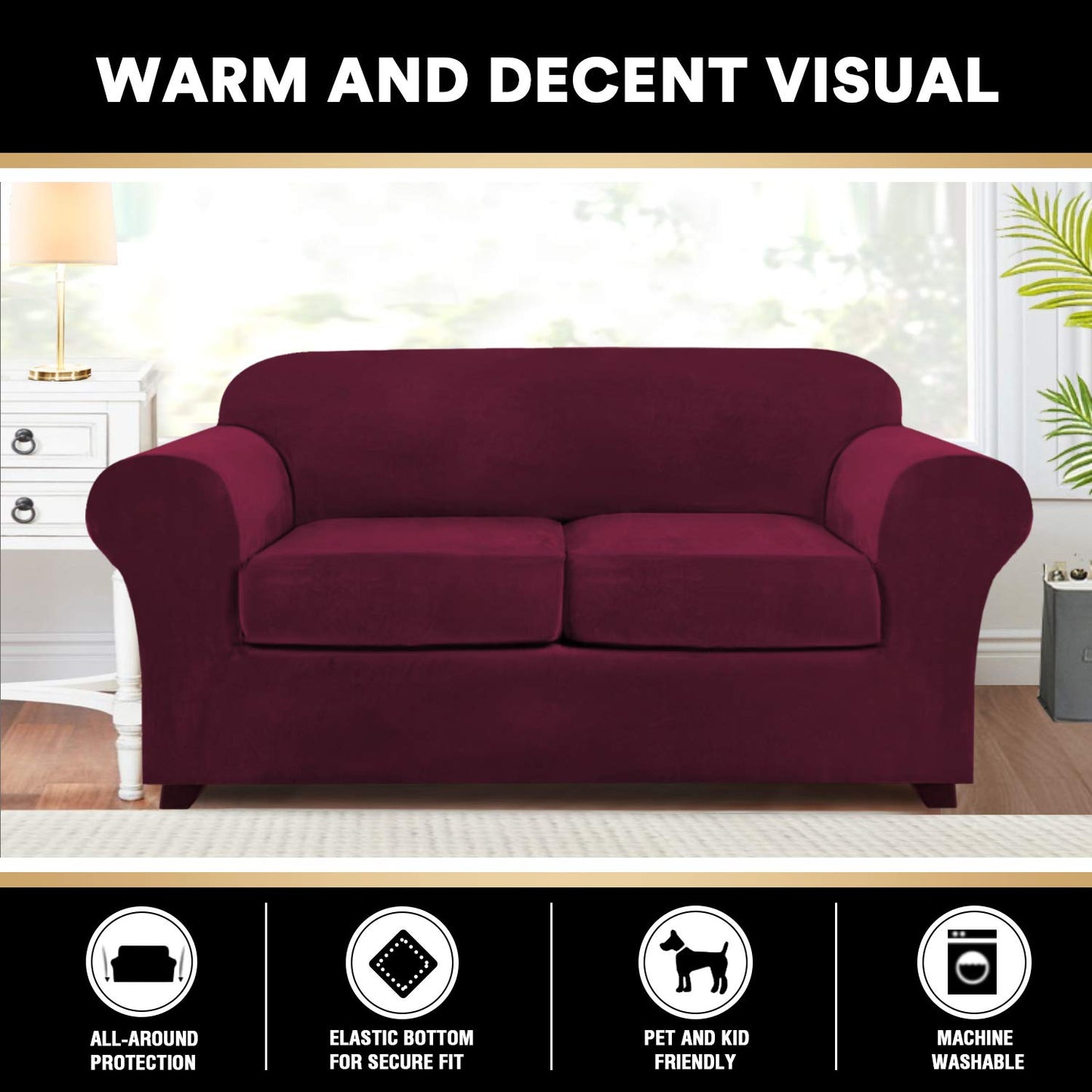 PrinceDeco Velvet Couch Cover Loveseat Covers for 2 Cushion Couch 3 Piece Sofa Covers for Dogs Washable Loveseat Covers Width Up to 72 Inch No Slip Stretch Sofa Slipcover(Medium, Burgundy)