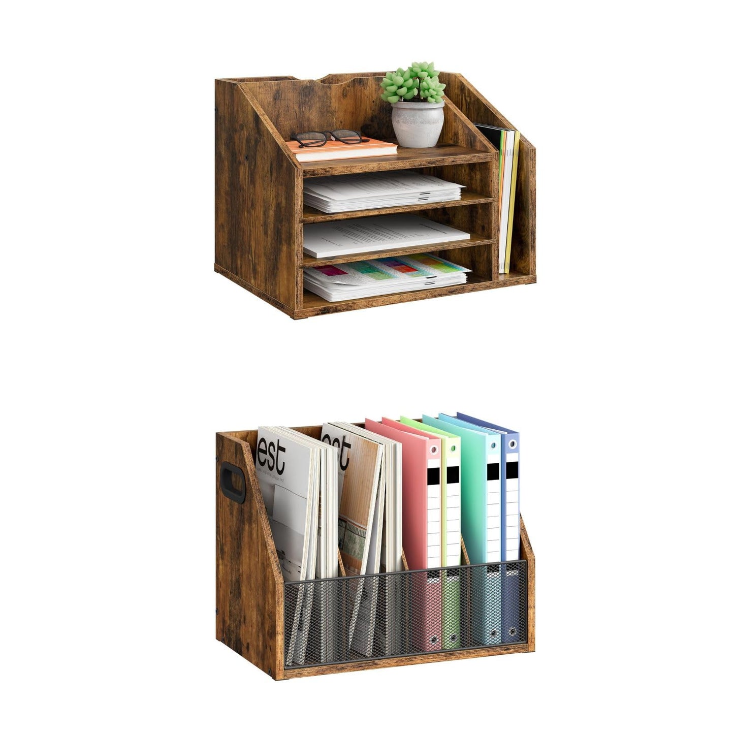 CHOEZON Wooden Desk Organizer and Wooden Desktop File Organizer Bundle, Desktop File Holder for Home Office, Easy Assembly, Rustic Brown, MWJ04FG-MWJ06FG