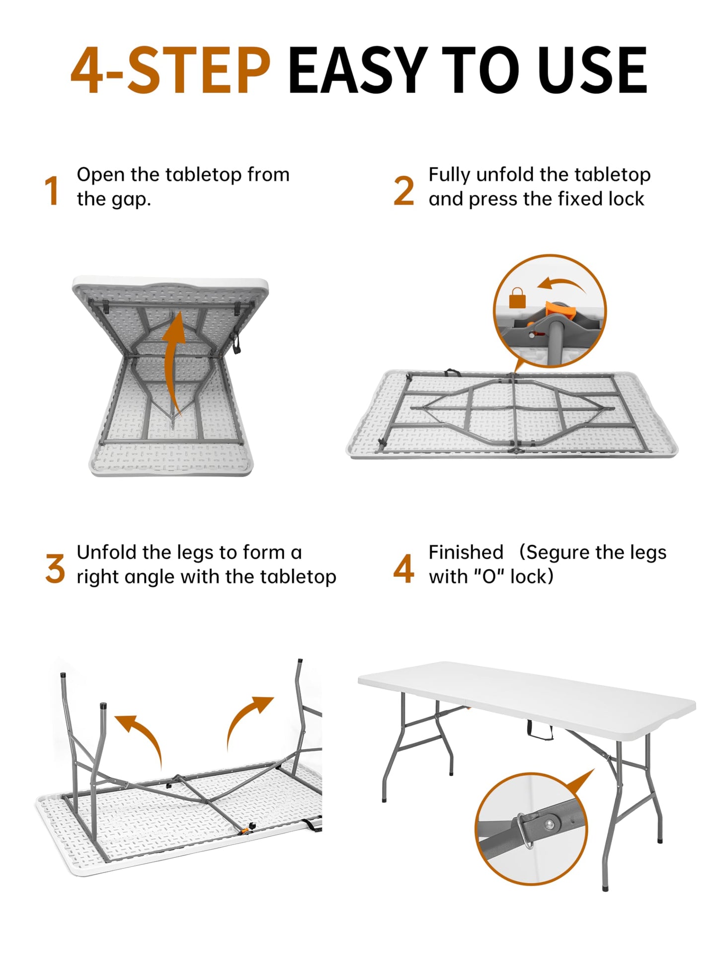 CHRONELLE 6FT Folding Camping Table Portable 350lbs, 6 Foot Folding Picnic Card Table for Outdoor, Plastic Rectangular Dining Work Tables for Indoor, Heavy Duty Fold-in-Half Tray Tables, 71x29 inch