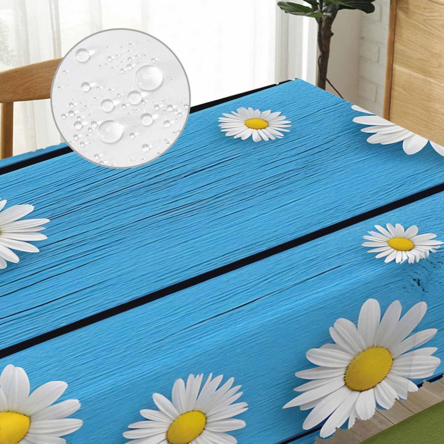 Beabes Tablecloth Daisy, Blossom Floral Daisy Chamomile Wood Blue Rectangular Table Cover Kitchen Table Cloth for Dining Hotel Coffee Parties Tabletop Decoration, 52x70 Inch