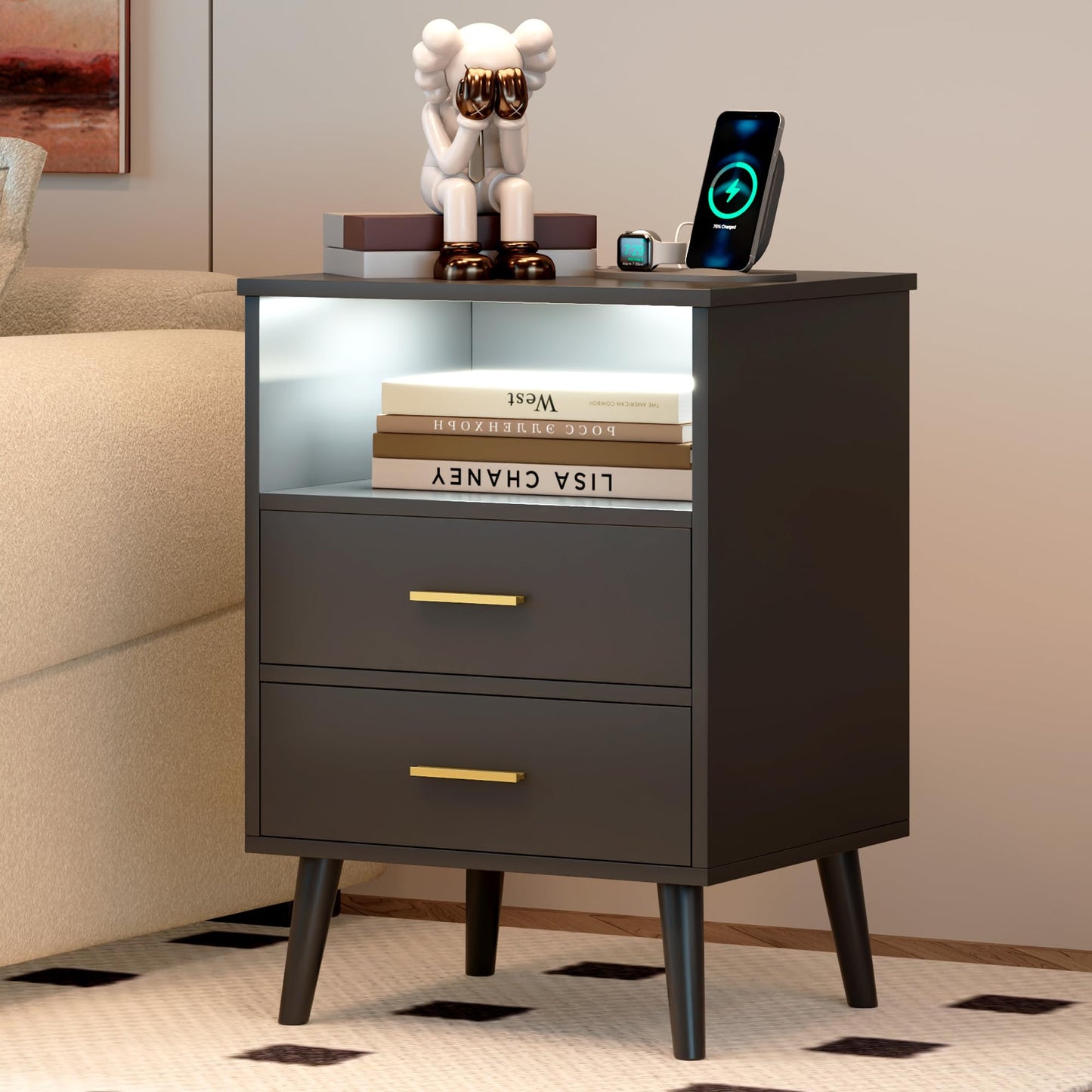LVSOMT Nightstands Set of 2, Black Nightstand with Charging Station and USB Ports, Bed Side Table/Night Stand with 2 Drawers, Modern Night Stands for Bedroom