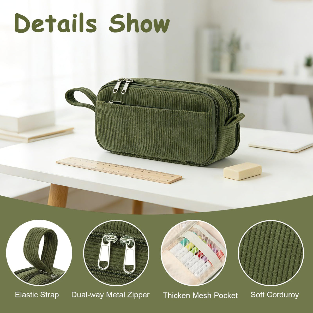 BuyCard Large Capacity Corduroy Pencil Case, Green Zipper Pouch, Aesthetic Pen Pouch, Supplies Organizer for Teen Girls Boys Women Men, Teacher Appreciation Gifts, Fathers Day Gift