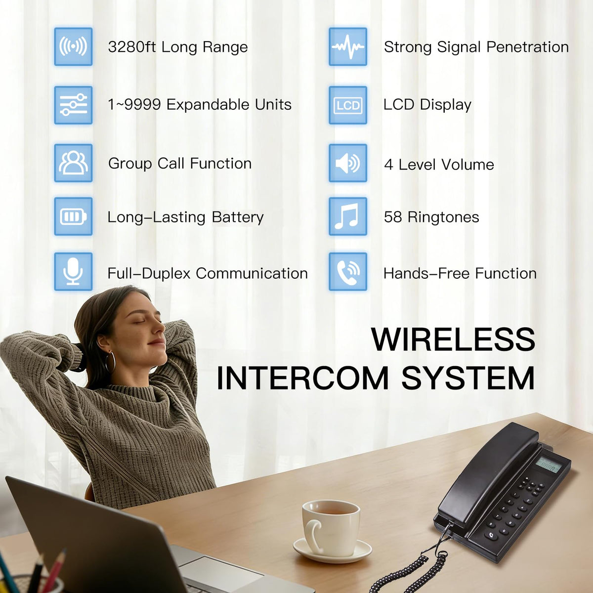 PANDAAR Intercoms Wireless for Home, Hands-Free Home Intercom Systems, 3280ft Long Range Wireless Intercom System for Business Office House Cordless Phones Intercoms (2 Pack,Black)