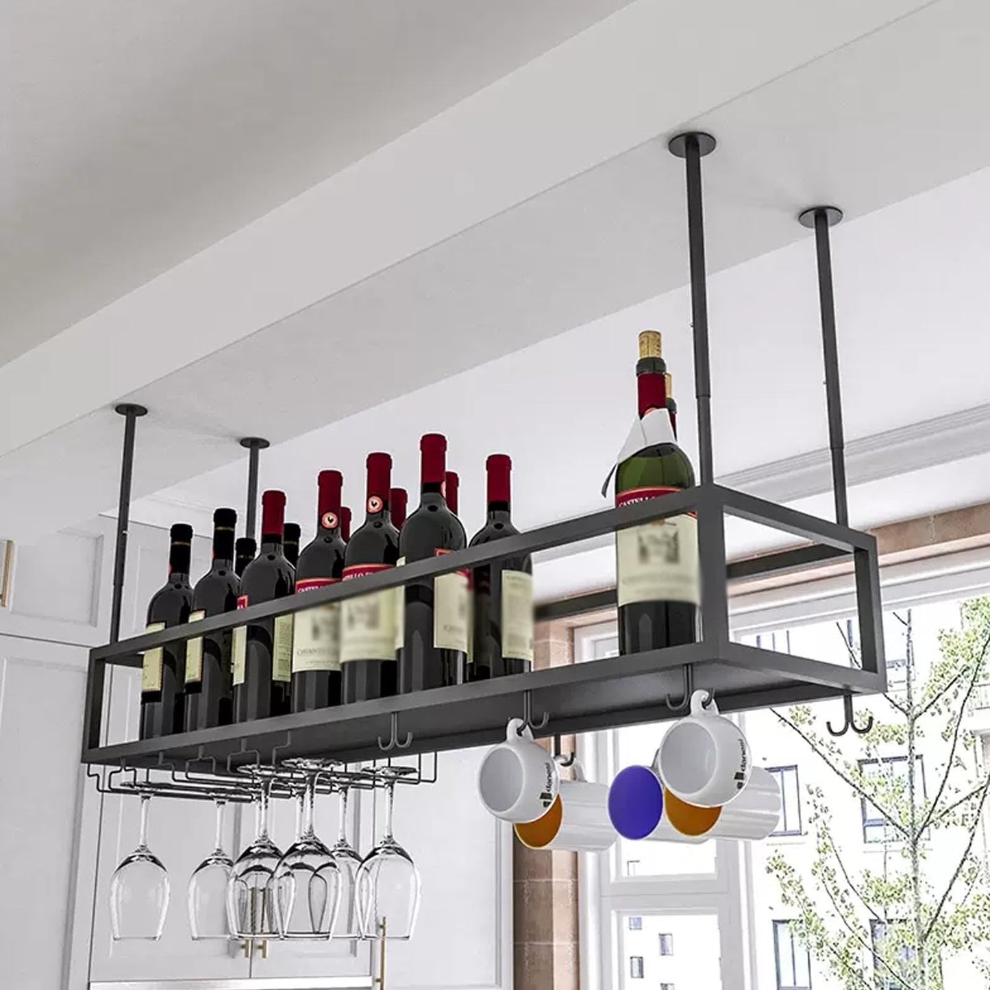 GYRHNNP Modern Metal Hanging Cafe Wine Bottles Racks Ceiling Shelf Wine Racks for Home Bar Display Floating Storage Shelves Wine Cups Hanging Rack Wall Mounted Wine Bottle Glass Holder.(Bl