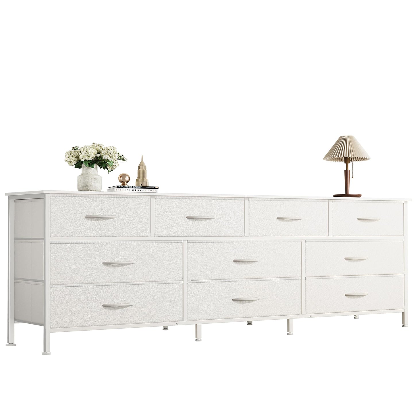 Huuger 63 Inch Dresser for Bedroom, Long Dresser with 10 Fabric Drawers, TV Stand for 55, 65, 70 Inch TV, Toy Storage Organizer for Closet, White