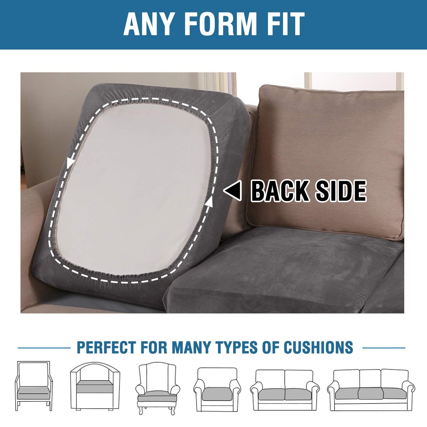 H.VERSAILTEX Velvet Stretch Couch Cushion Cover Plush Cushion Slipcover for Chair Loveseat Sofa Cushion Furniture Protector Seat Cushion Sofa Cover (3 Piece Sofa Cushion Covers, Grey)