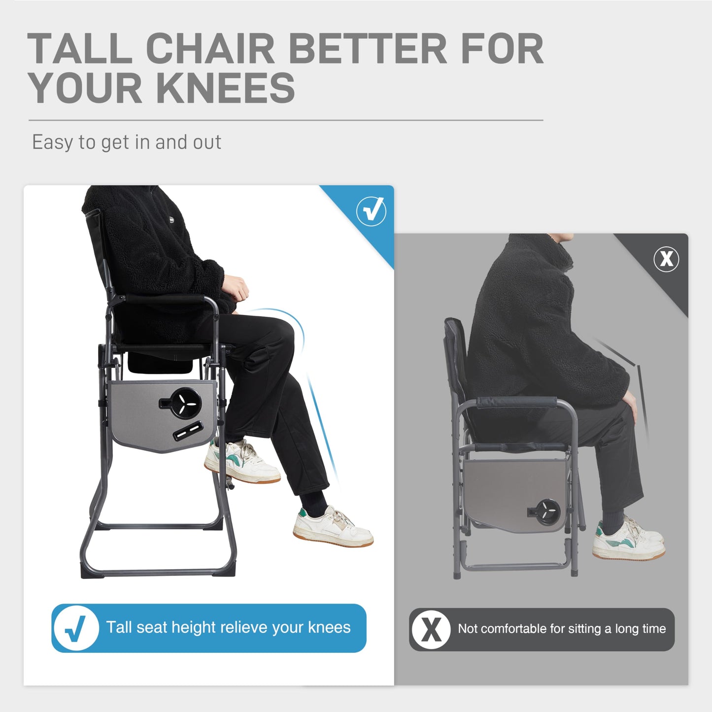 EVER ADVANCED 2 Piece Portable 30.7" Seat Height Tall Folding Camping Chair Directors Chair High with Side Table for Makeup Artist, Sports Event, Craft Show, Supports 350LBS