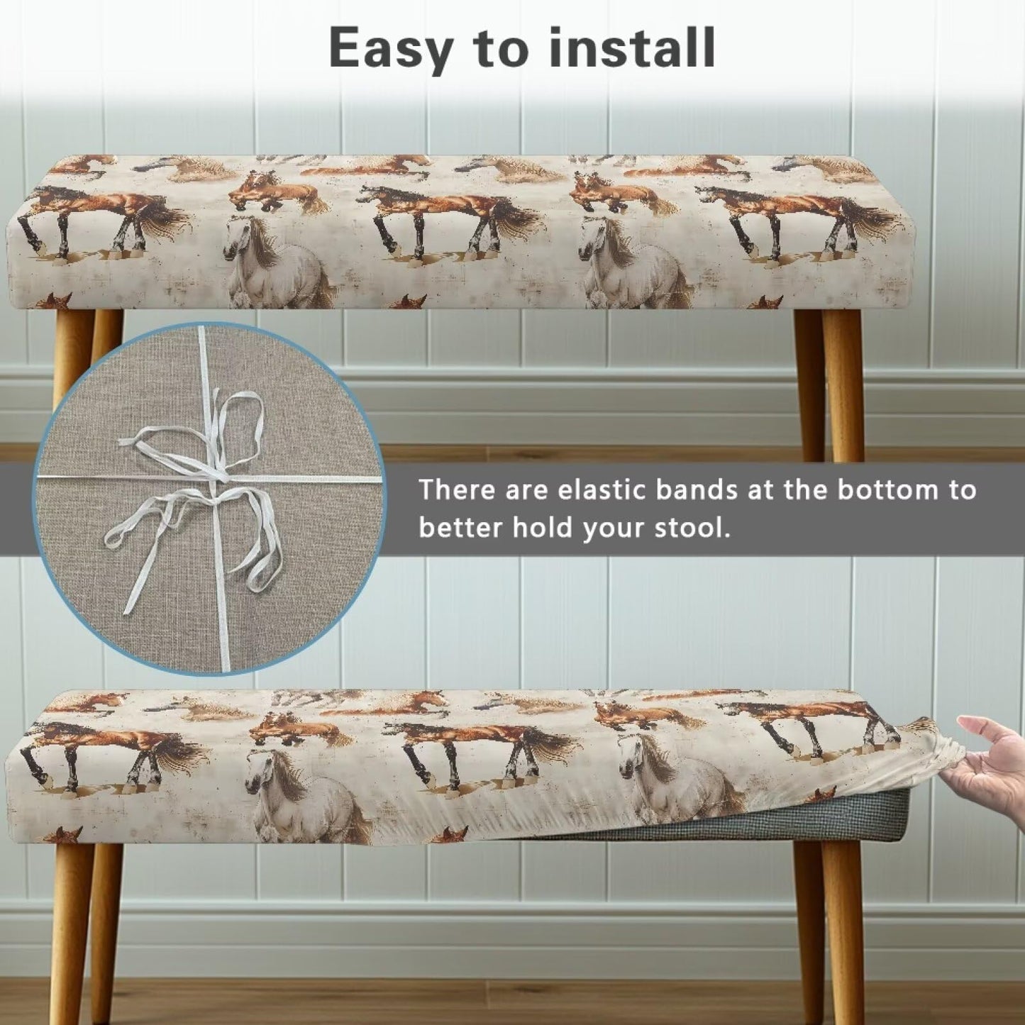 Cugasmaru Horse Dining Bench Covers Seat Cushion Protector Easy to Install Elastic Chair Covers for Dining Room Living Room Kitchen