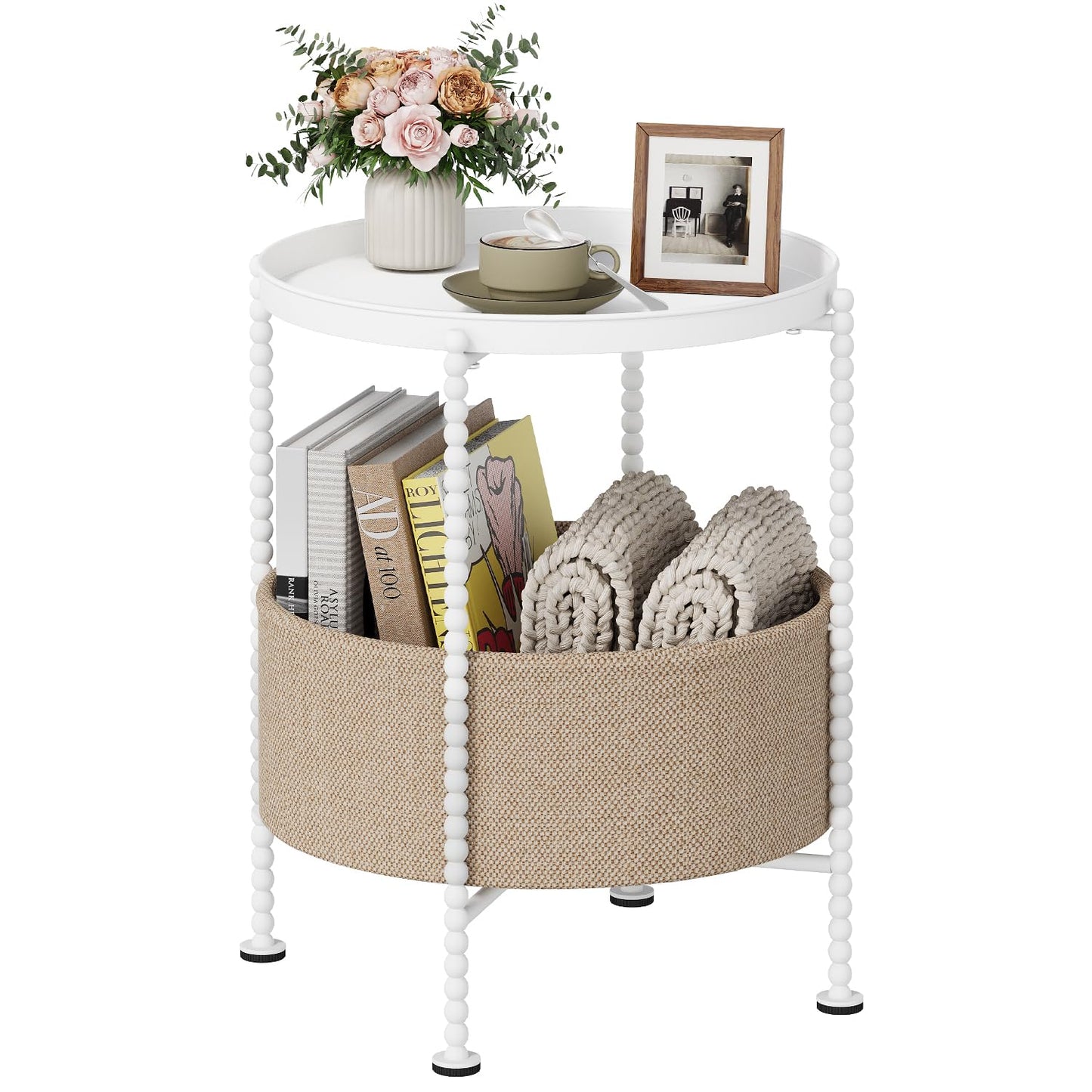 YINMIT Round Side Table with Fabric Storage Basket, Metal End Table, Bedside Nightstand,Sofa Coffee Side Table for Living Room，Bedroom, Office, Balcony