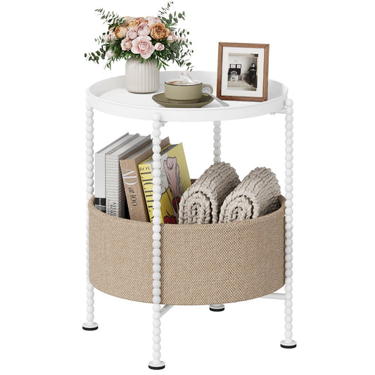 YINMIT Round Side Table with Fabric Storage Basket, Metal End Table, Bedside Nightstand,Sofa Coffee Side Table for Living Room，Bedroom, Office, Balcony