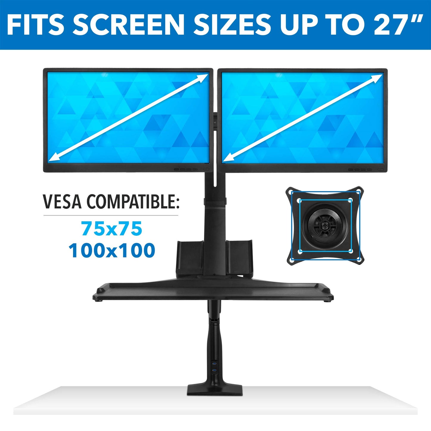 Mount-It! Dual Monitor Arm Desk Mount Sit-Stand Workstation with 2 USB 3.0 Ports, Height Adjustable 23.1–42.9”, Fits Two 17–27” Screens, 13.2 lbs Each, VESA 75x75 100x100, Clamp or Grommet