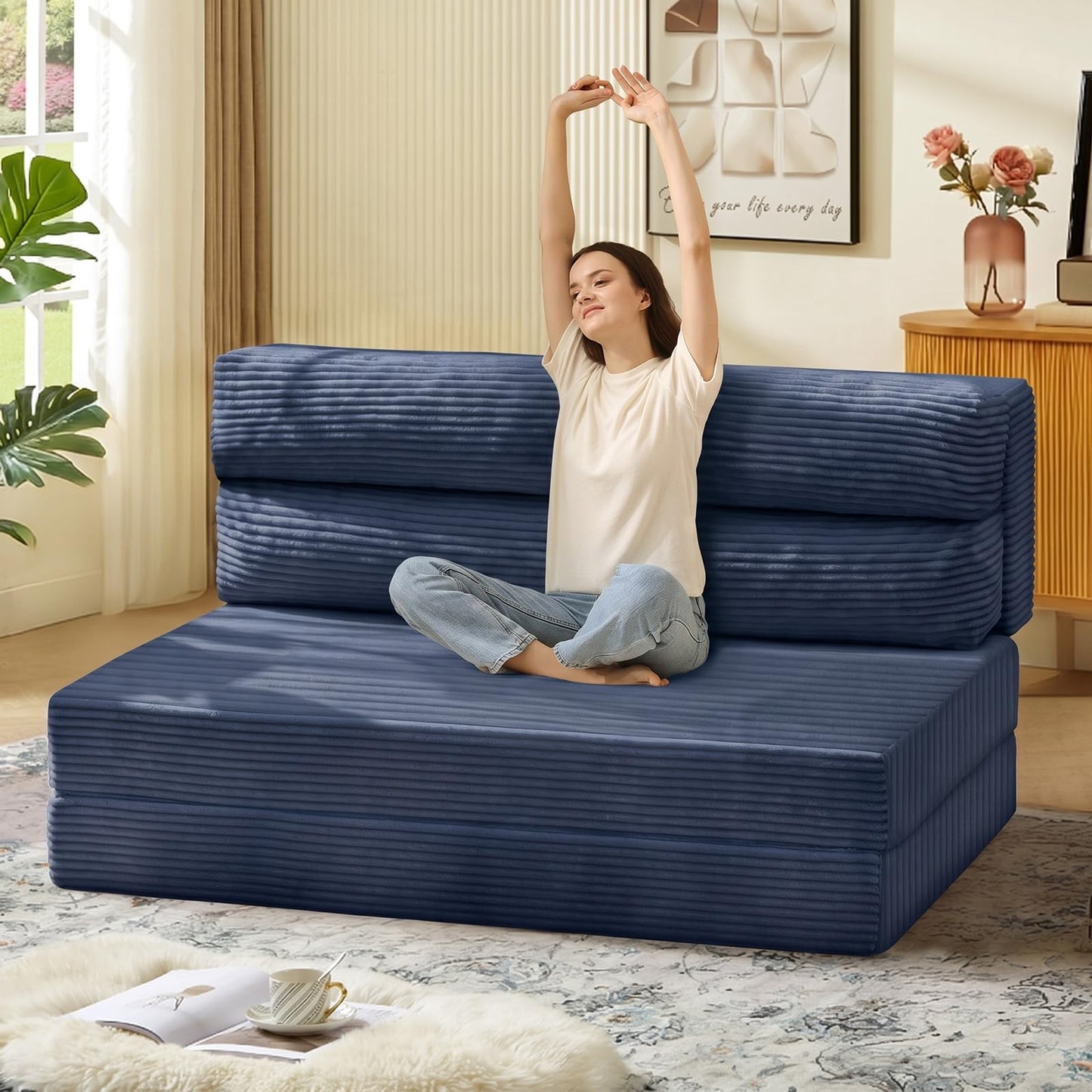 JUIKURY Folding Sofa Bed, Convertible Sleeper Chair with Pilow Foldable Matress, 2 in 1 Pull Out Loveseat Sofa Portable Fold Out Chair Bed Floor Couch Lounge for Living Room (Blue, Full)