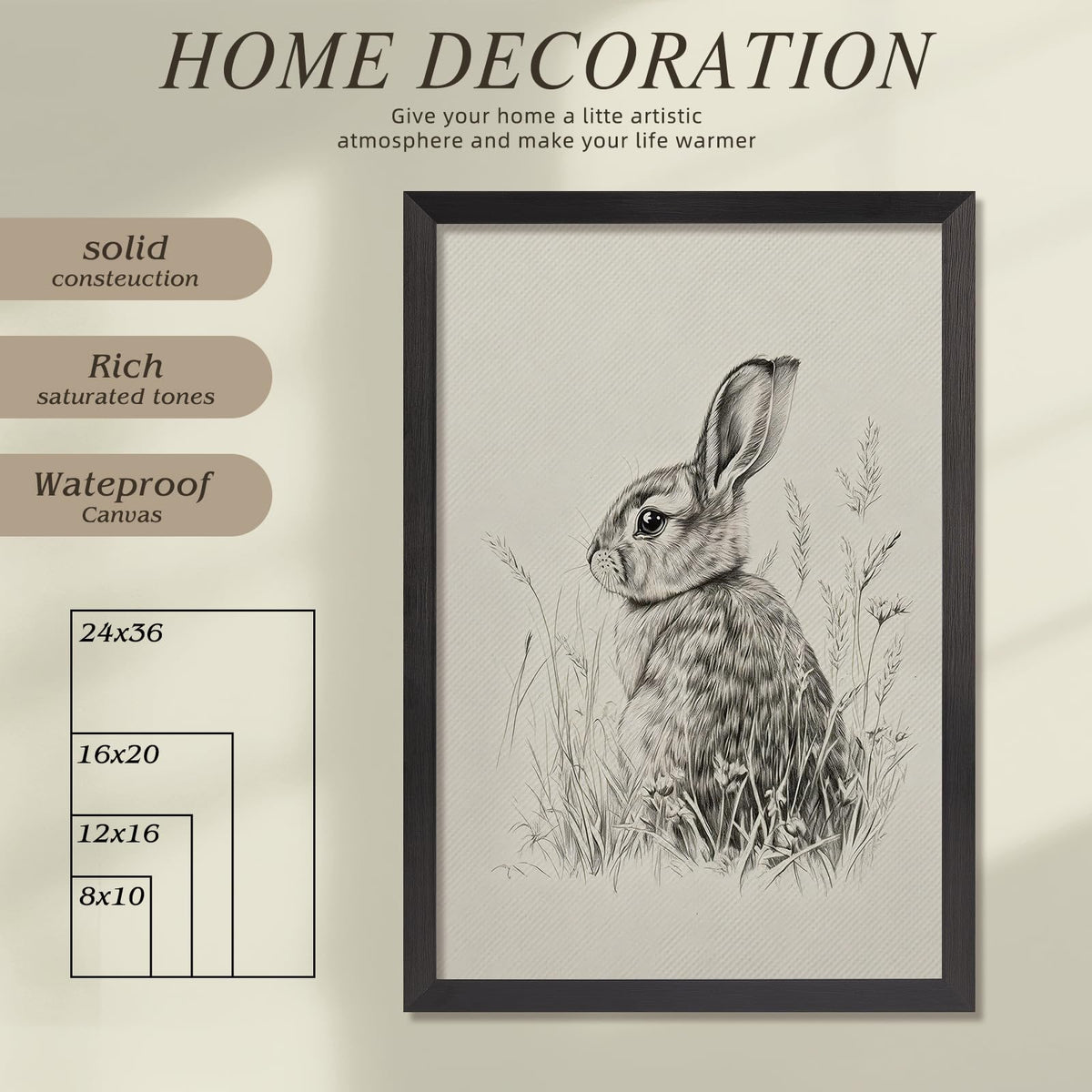 Wild Rabbit Wall Art, 12X16 Inch Black Framed Nature Wildlife Art Poster, Black And White Animal Canvas Print, Farmhouse Wall Decor For Living Room Bedroom Office Ready To Hang