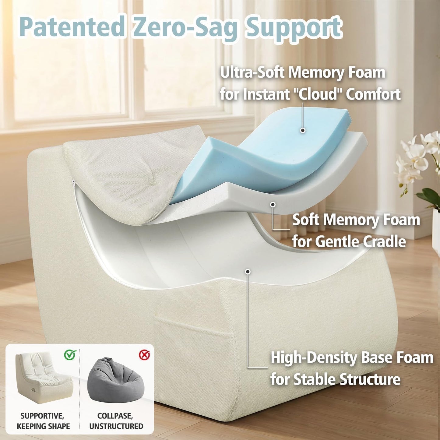 HAVARGO Boneless Single Sofa Memory Foam Couch Chair for Small Spaces, Compressed Accent Chair for Bedroom, Comfortable Single Seating, Cozy Reading Nook Lounge, 26.8X33.8X26.8 Inches Beige
