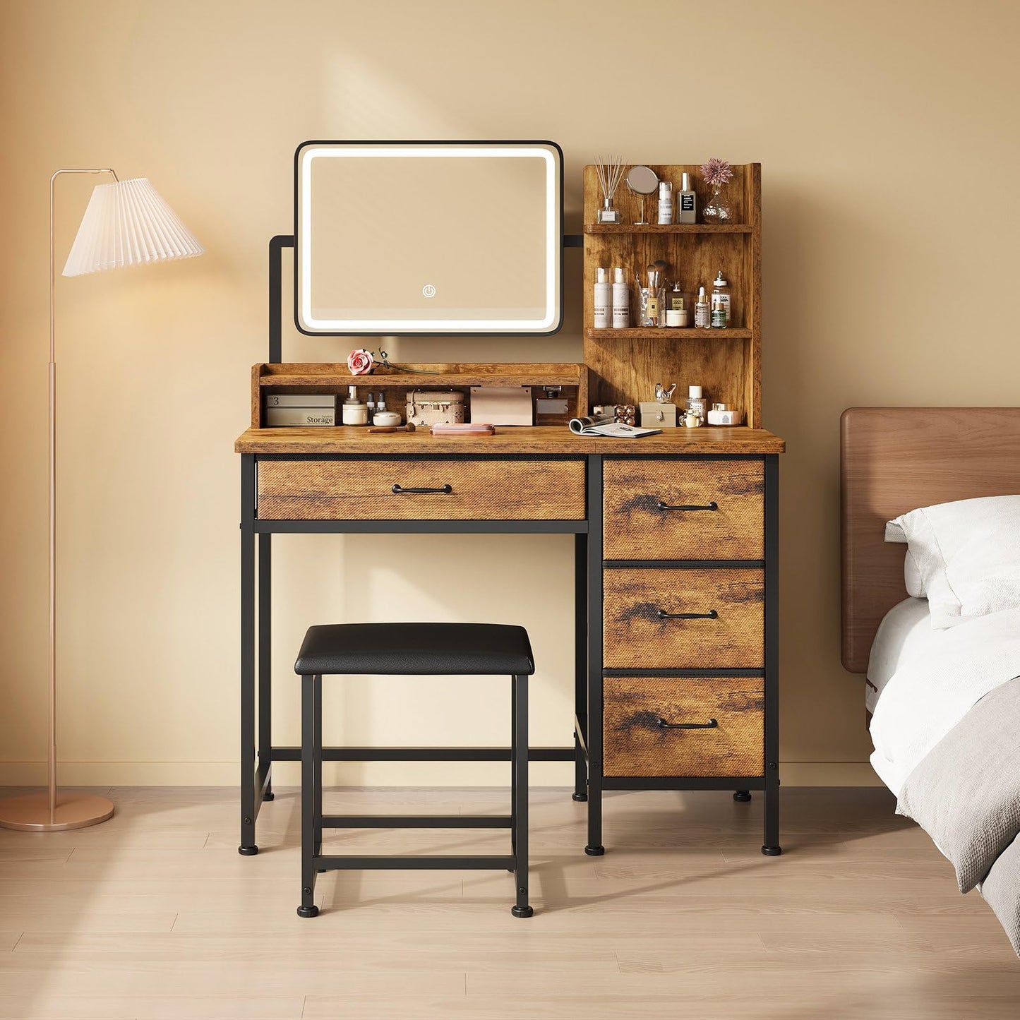 YeTom Vanity Desk with Mirror and Lights, Makeup Vanity Desk with 4 Fabric Drawers & Storage Shelvs & Chair, 3 Color Modes & Adjustable Brightness, Rustic Brown Vanity, Vanity Set, Bedroom Furniture