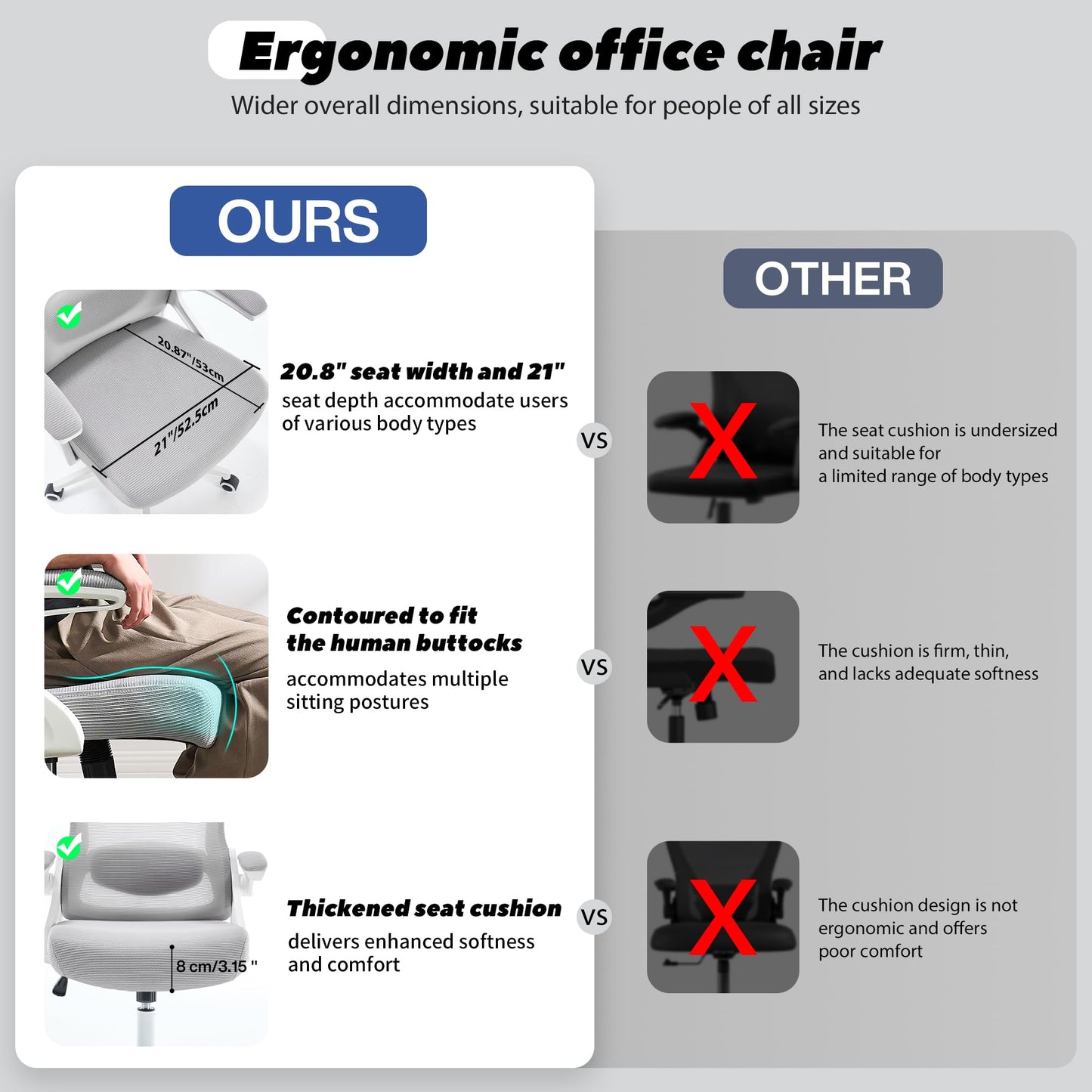 Fizzin Ergonomic Office Chair, 400 LBS Desk Chair with Adjustable Lumbar Support, High Back Breathable Mesh Computer Chair Rolling Work Swivel Task Chairs, Comfy Home Office Desk Chair (Gray)