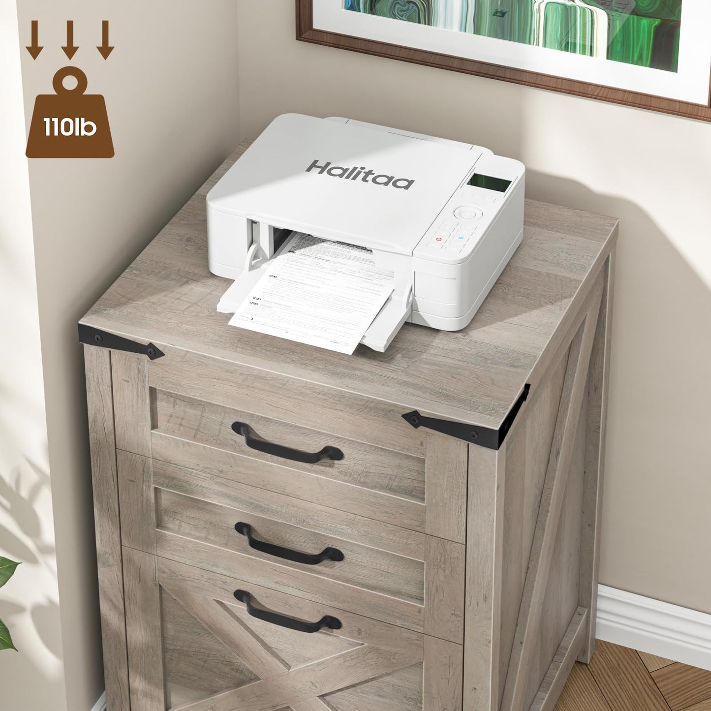 Halitaa 3 Drawer Small File Cabinet, Farmhouse Vertical Filing Cabinet Fits Letter and A4 Size, Under Desk Wooden File Cabinets for Home Office, Printer Stand, Rustic Grey