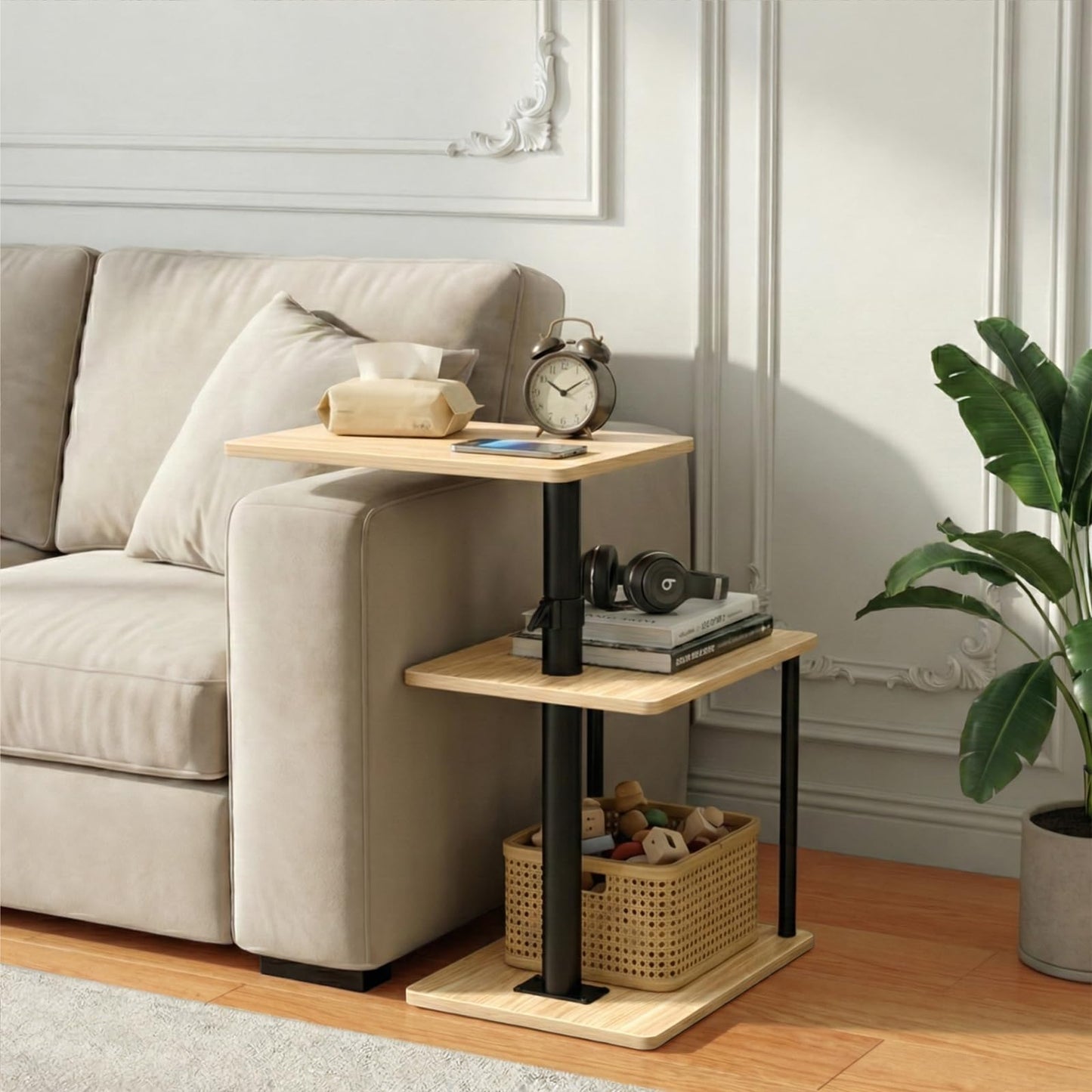 Faesun 360° Swivel Side Table for Height Adjustable, C Shaped End Table for Couch with Storage, 3-Tier Night Stand with Open Shelf, Tv Tray for Small Spaces, Living Room, Bedroom, Oak