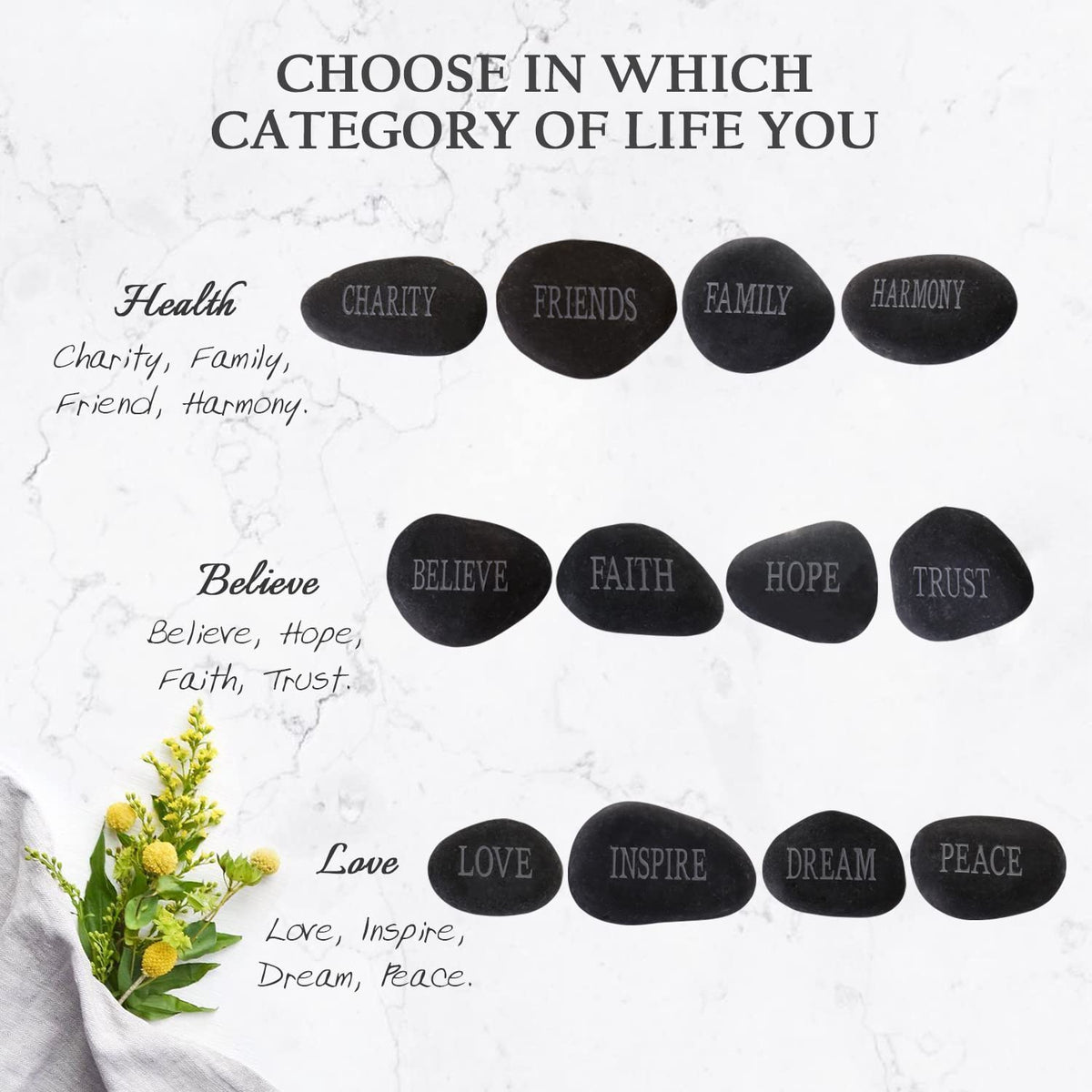 12PCS DIY Rocks for Engraved Inspirational Polished Garden Stones, Natural Encouragement Personalized Healing Decor River Stone - Unique Gift for Friends Arts Crafts (12 Different Words) (Black)