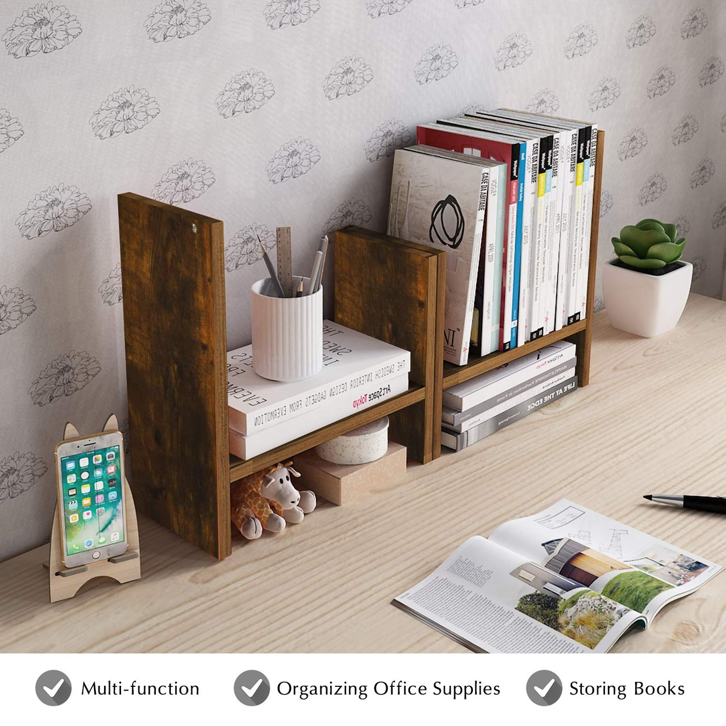 Jerry & Maggie Desktop Organizer Office Storage Rack Adjustable Wood Display Shelf Free Style Double H, Multi-Functional Mini Bookshelf for Desk Natural Stand (Natural Wood Tone)