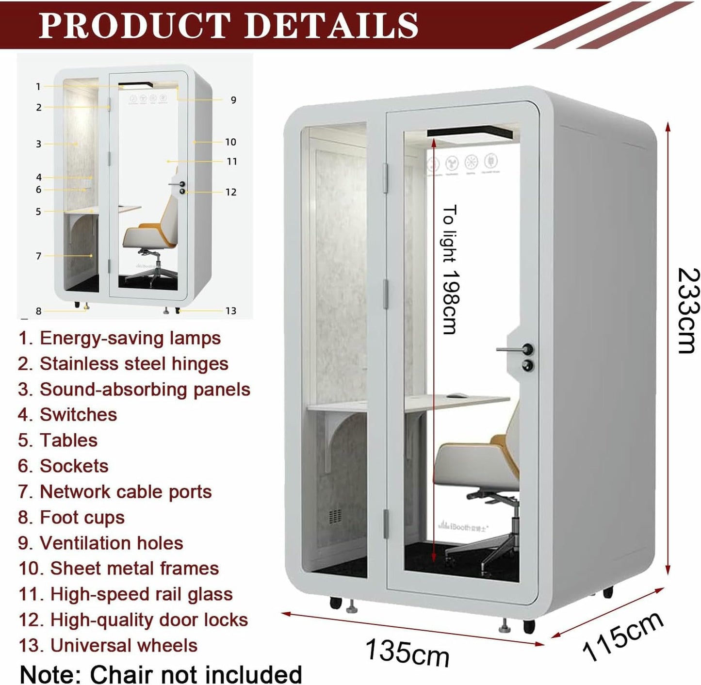 Office Sound Booth with LED Lighting and Desk, Portable Booth Modern Privacy Pod, Modular Privacy Separate Room for Meditation Study, Movable Room for Work
