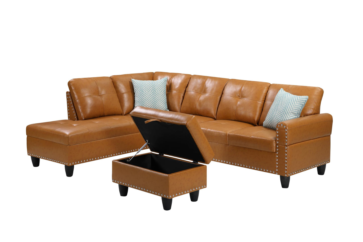 Ball & Cast 98" L Shaped Sectional Couch for Living Room with Chaise&Storage Ottoman,4 Seat Faux Leather Upholstered Modular Sectional Sofa Set 3 PCS W/Cup Holders&Coffee Table,for Home,Office,Ginger