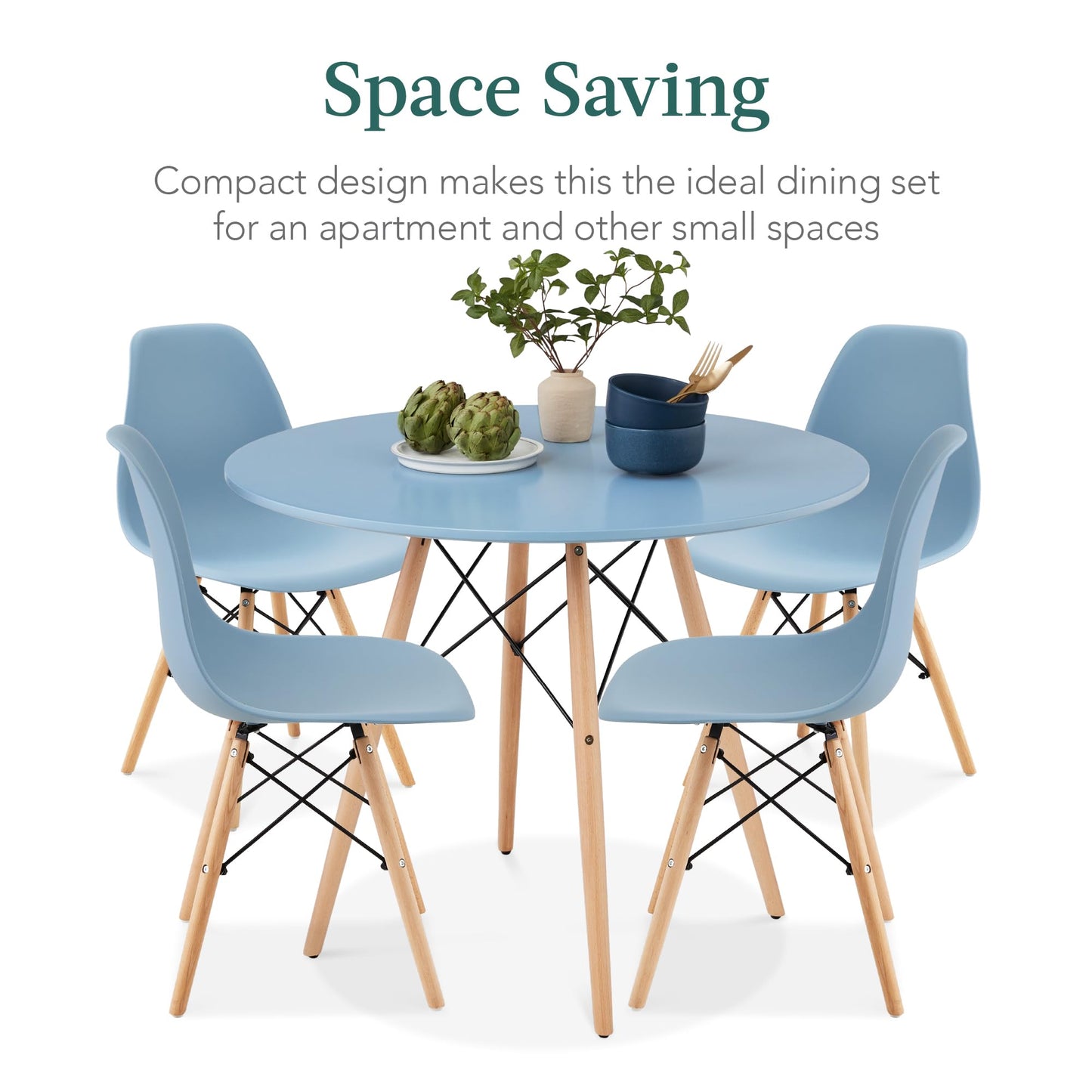 Best Choice Products 5-Piece Dining Set, Compact Mid-Century Modern Table & Chair Set for Home, Apartment w/ 4 Chairs, Plastic Seats, Wooden Legs, Metal Frame - Blue/Oak