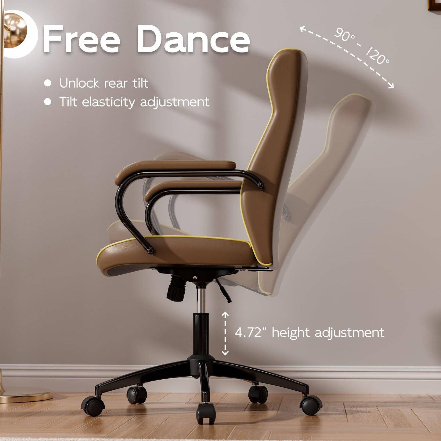HomeZeer Brown Office Chair with Soft Leather Embroidery, Mid Back Vintage Swivel Executive Desk Chair with Wheels and Padded Arms, Adjustable Height