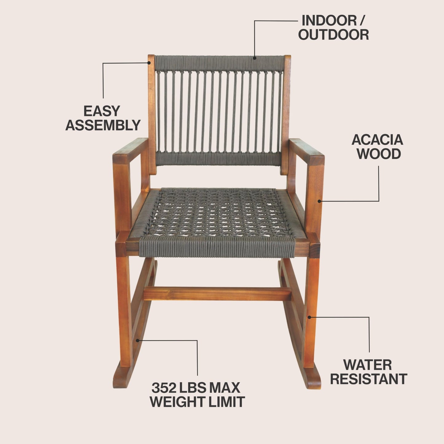 JONATHAN Y Laguna Solid Acacia Wood Outdoor Rocking Chair with Brown Woven Rope, Coastal Porch Rocker for Patio, Balcony and Living Room, 24" x 32" x 38", 352 lbs Capacity RCK103C