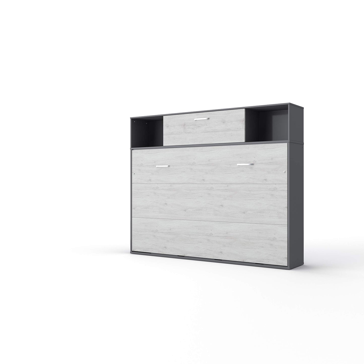 invento Horizontal Wall Bed with Mattress European Queen Size with a Cabinet on top (Grey/White Monaco)