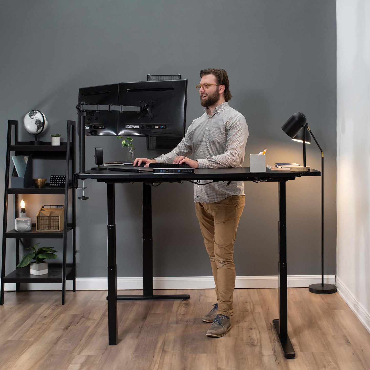 VIVO Electric Height Adjustable 83 x 60 inch Corner Stand Up Desk, 2 Dark Walnut Solid Table Tops, White Frame, Memory Controller, L-Shaped Workstation, 3E Series, DESK-KIT-3E8WD